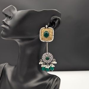 Indian Ethnic hanging Zhumka style Gold plated and Silver metal Green Earring